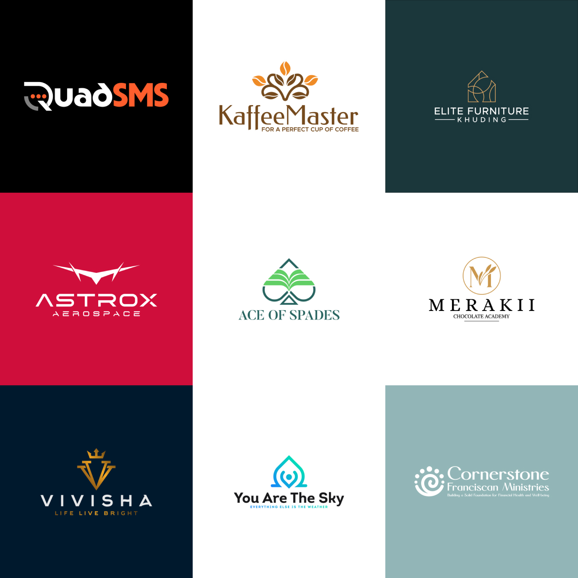 Logo, Cornerstone, Vivisha, Merakii, Elite Furniture, Ace Of Spades, QuadSMS, Astrox, Kaffee Master